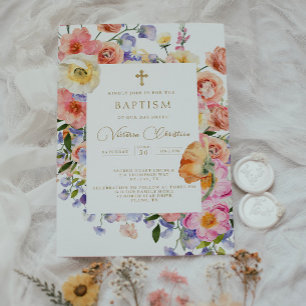 Floral Gold Baptism Christening Invitation