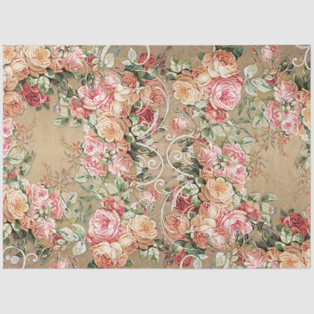 Floral Gold Baroque Elegant Rose Blush Decoupage Tissue Paper (Front)