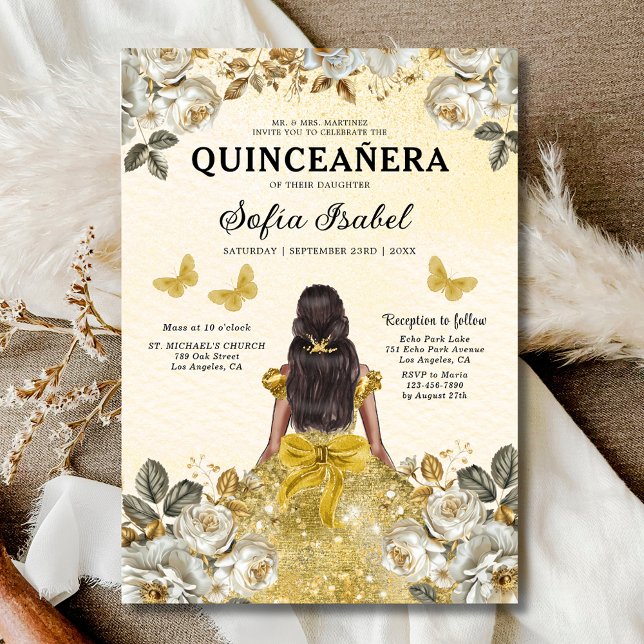Floral Gold Bilingual Spanish Quinceanera Invitation (Creator Uploaded)