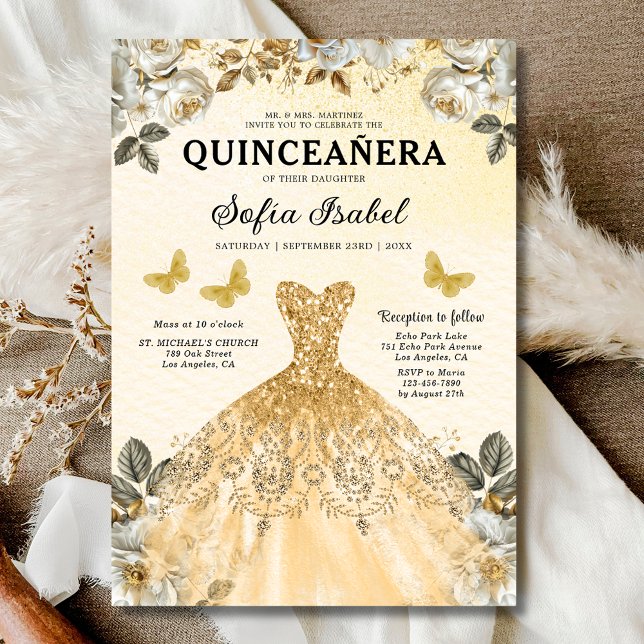 Floral Gold Bilingual Spanish Quinceanera Invitation (Creator Uploaded)
