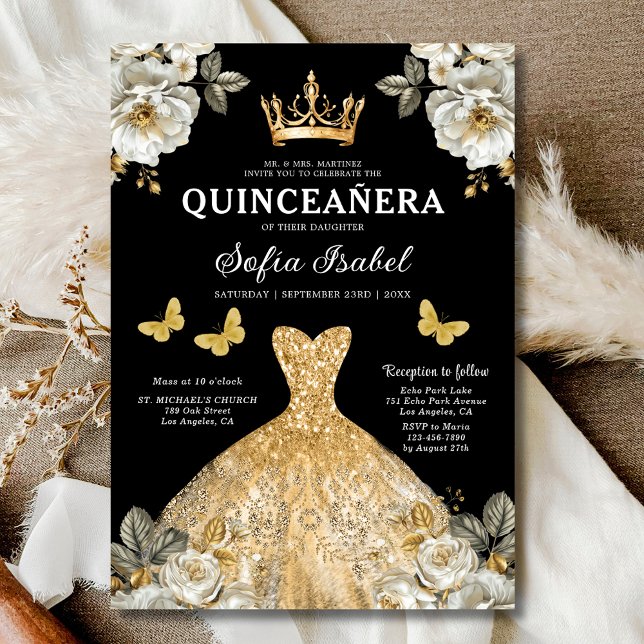 Floral Gold Bilingual Spanish Quinceanera Invitation (Creator Uploaded)