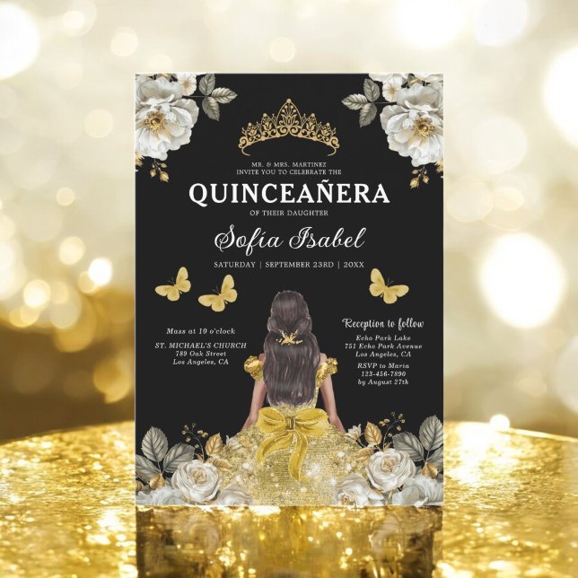 Floral Gold Bilingual Spanish Quinceanera Invitation (Creator Uploaded)