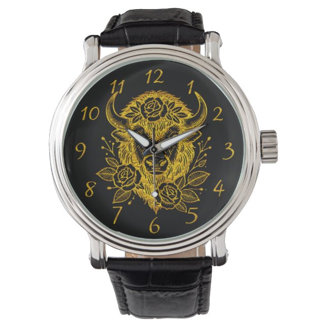 Floral Gold Bison Head Decor Watch (Front)