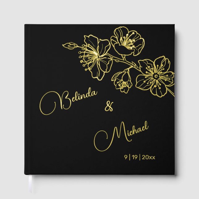 Floral Gold Black Christmas Wedding Guest Book (Front)