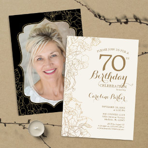 Floral Gold Black Photo 70th Birthday Party Invitation