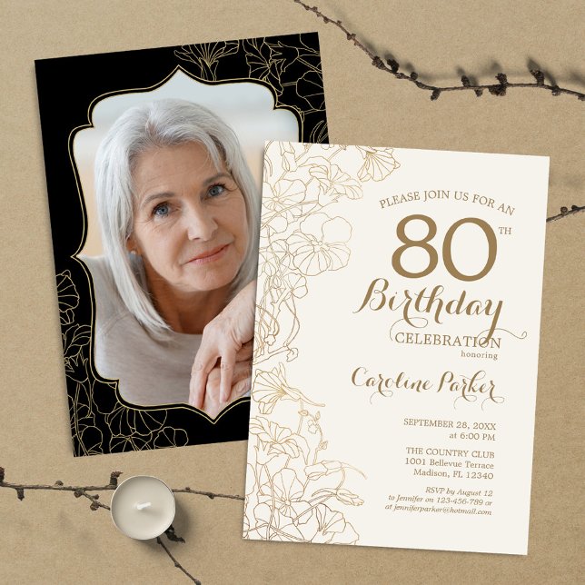 Floral Gold Black Photo 80th Birthday Party Invitation (Creator Uploaded)