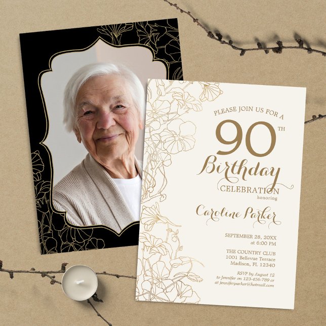 Floral Gold Black Photo 90th Birthday Party Invitation (Creator Uploaded)