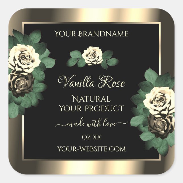 Floral Gold Black Product Labels Green Cream Roses (Front)