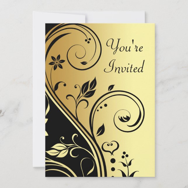 Floral Gold & Black Scroll All Occasion Invitation (Front)