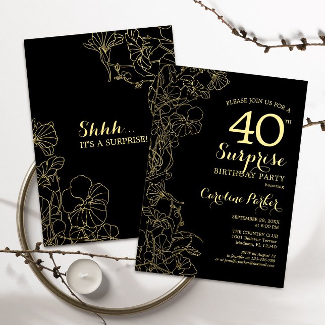 Floral Gold Black Surprise 40th Birthday Party Invitation (Creator Uploaded)