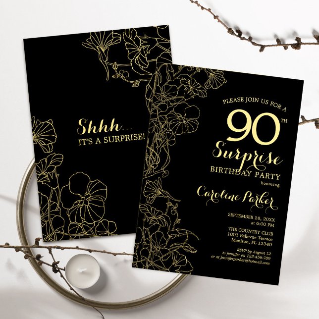 Floral Gold Black Surprise 90th Birthday Party Invitation (Creator Uploaded)