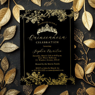 Floral Gold Black Vintage Quinceanera 