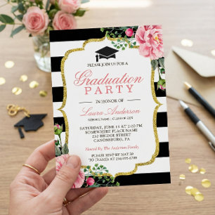Floral Gold Black White Stripes Graduation Party Invitation