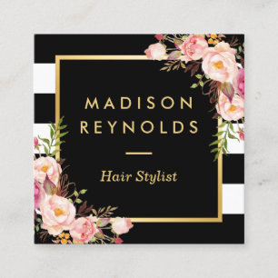 Floral Gold Black White Stripes Salon Appointment Card