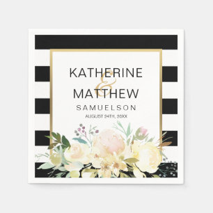 Floral Gold Black White Stripes Wedding Napkin