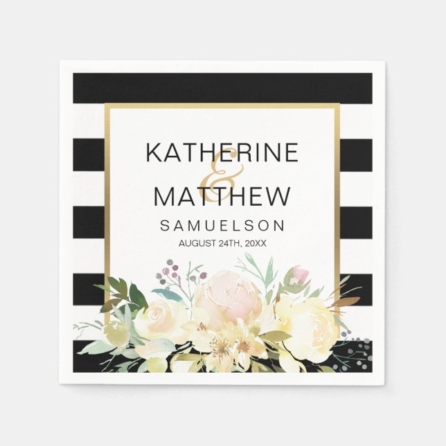 Floral Gold Black White Stripes Wedding Napkin (Front)
