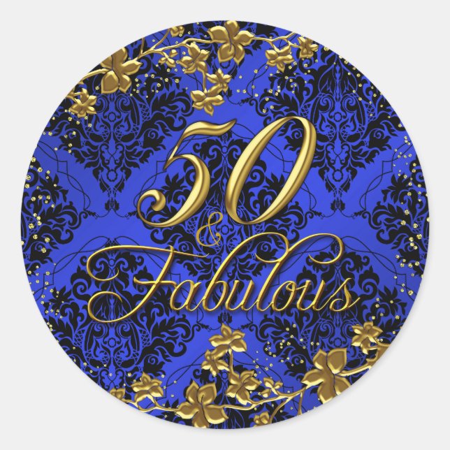 Floral Gold Blue 50 & Fabulous Birthday Sticker 2 (Front)