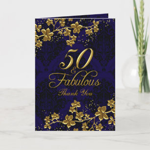 Floral Gold Blue 50 & Fabulous Thank You Card
