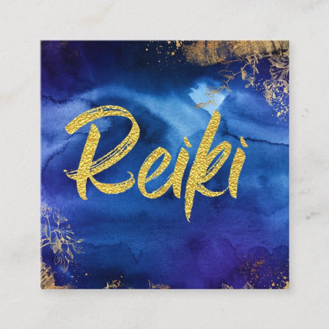 *~* Floral Gold Blue Healer Master Reiki Energy Square Business Card (Front)