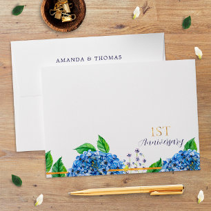 Floral Gold Blue Hydrangea 1st Wedding Anniversary Envelope