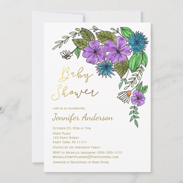 Floral Gold Blue Purple  Watercolor Baby Shower Invitation (Front)