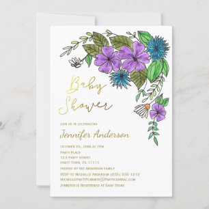 Floral Gold Blue Purple Watercolor Baby Shower Invitation