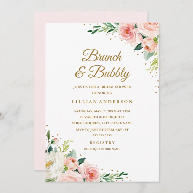 Floral Gold Blush Brunch And Bubbly Bridal Shower Invitation (Front/Back)