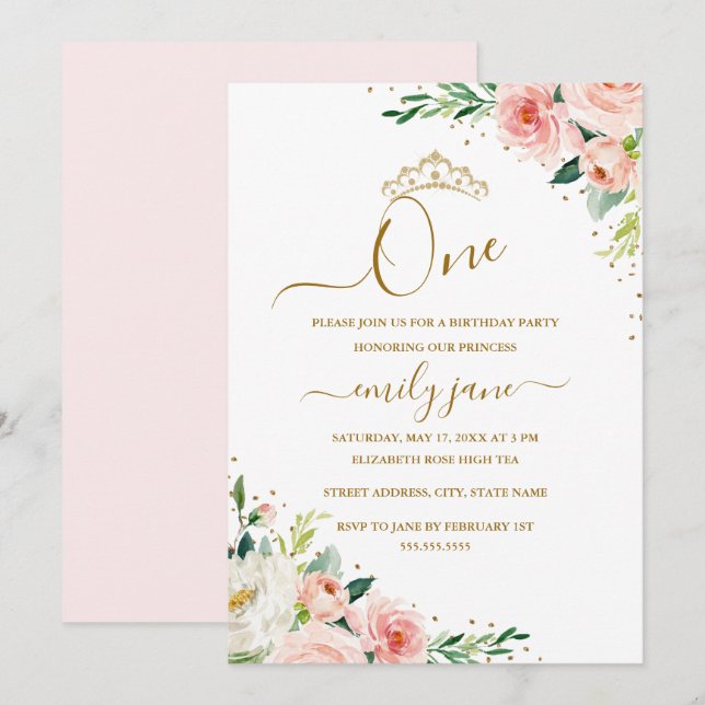 Floral Gold Blush Girl 1st Birthday Party Invitation (Front/Back)