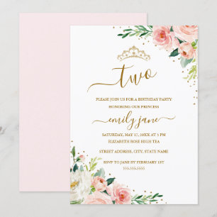 Floral Gold Blush Girl 2nd Birthday Party Invitation