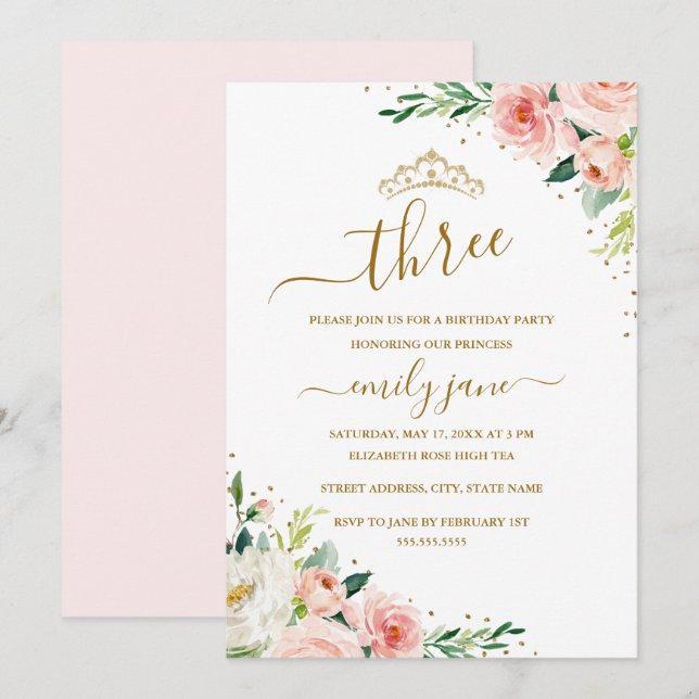 Floral Gold Blush Girl 3rd Birthday Party Invitation (Front/Back)