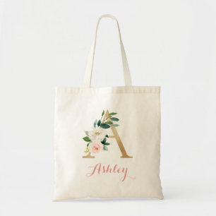 Floral Gold Blush Personalised Letter "A" Tote Bag