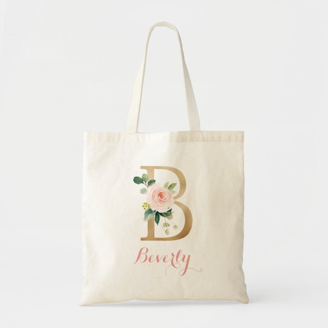 Floral Gold Blush Personalised Letter "B" Tote Bag (Front)