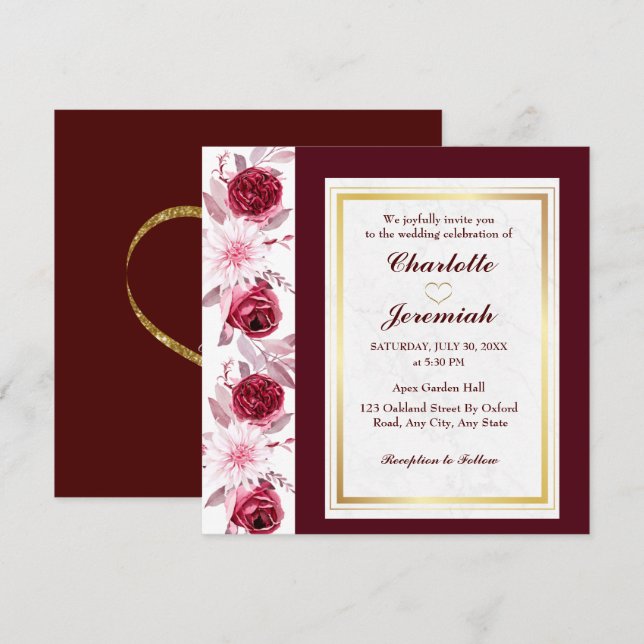 Floral Gold Blush Pink Burgundy Script Wedding Invitation (Front/Back)