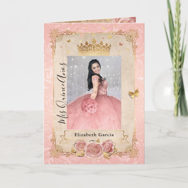 Floral Gold Blush Pink Quinceañera Photo Folded Invitation (Front)