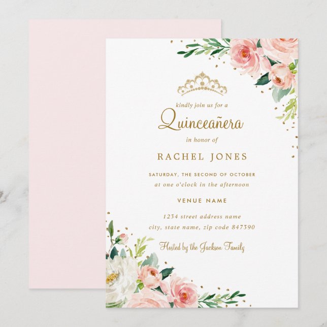 Floral Gold Blush Quinceanera Invitation (Front/Back)