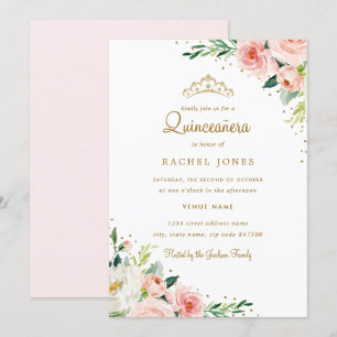 Floral Gold Blush Quinceanera Invitation