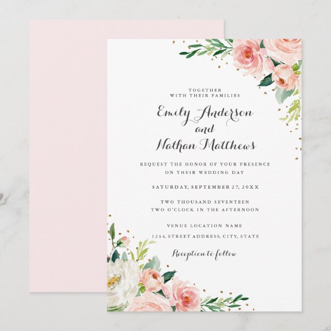 Floral Gold Blush Wedding Invitation (Front/Back)