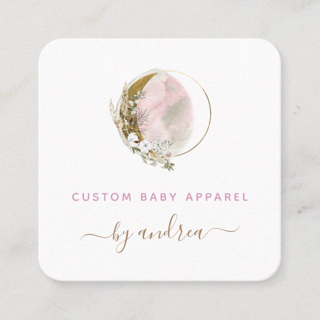Floral Gold Boho Moon Baby Kids Infant Boutique Square Business Card (Front)