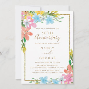 Floral Gold Border 50th Wedding Anniversary Invitation