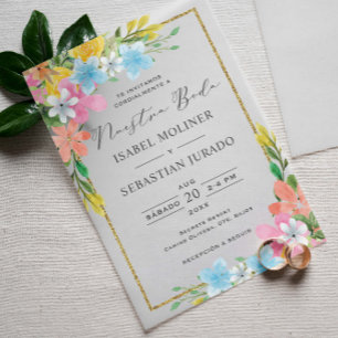 Floral Gold Border Nuestra Boda Spanish Wedding Vellum Invitations