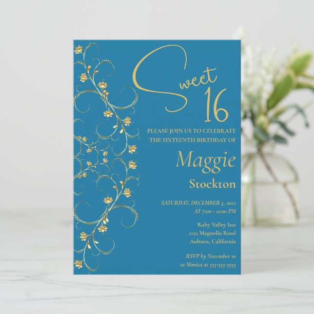 Floral Gold Border Sweet 16 Invitation (Standing Front)
