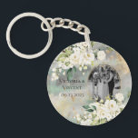 Floral Gold Botanical Cream Photo Names Wedding Key Ring<br><div class="desc">Gorgeous white botanical floral spray with faux gold splotches. The green watercolor rustic background is such a rich classy look mixed with the cream coloured flowers. Personalise with photo, names and wedding date. This is a pretty keychain. Beautiful faux gold glitter splotches set the tone for romantic and classic elegance....</div>