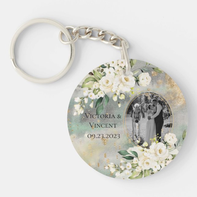 Floral Gold Botanical Cream Photo Names Wedding Key Ring (Front)