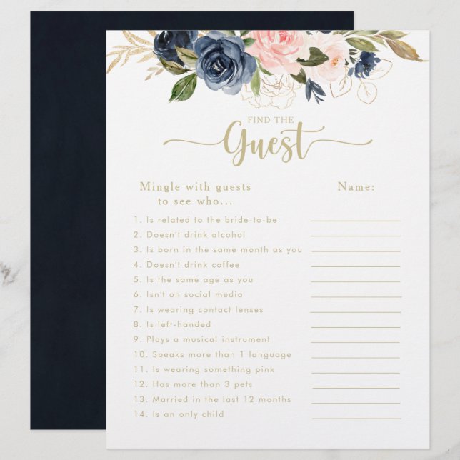 Floral Gold Bridal Shower Find the Guest Game (Front/Back)