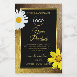 Floral Gold Brown Glitter Black Product Label Logo