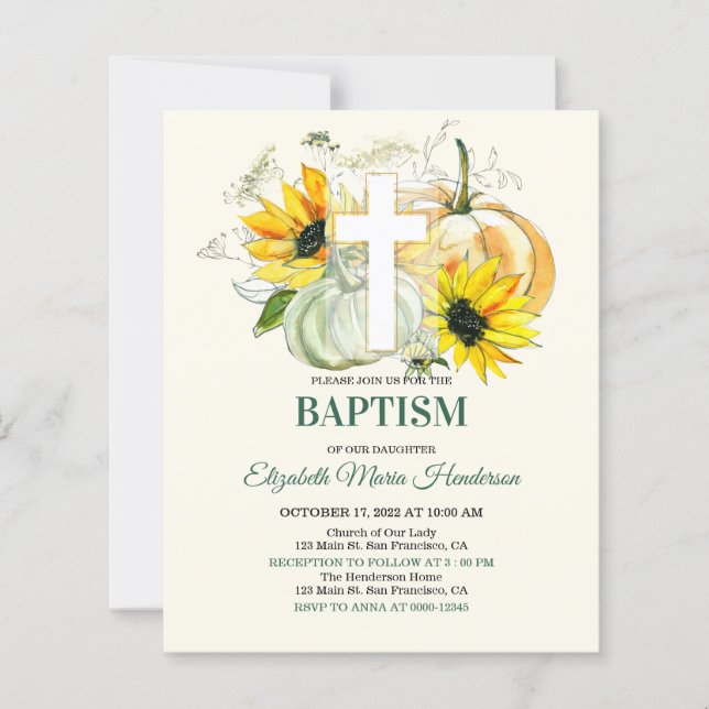 Floral & Gold/BUDGET- Baptism Invitation.  (Front)