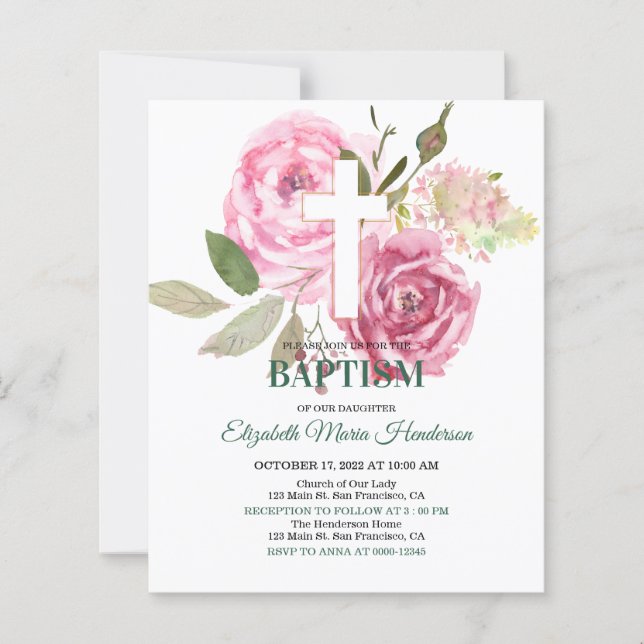 Floral & Gold/BUDGET- Girl Baptism Invitation. (Front)
