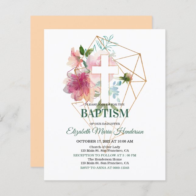 Floral & Gold/BUDGET- Girl Baptism Invitation. (Front/Back)