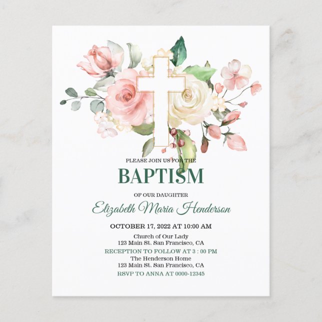 Floral & Gold/BUDGET- Girl Baptism Invitation. Fly Flyer (Front)