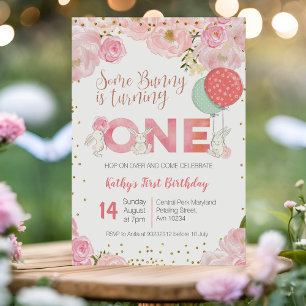 Floral Gold Bunny 1st Birthday Floral Invitation